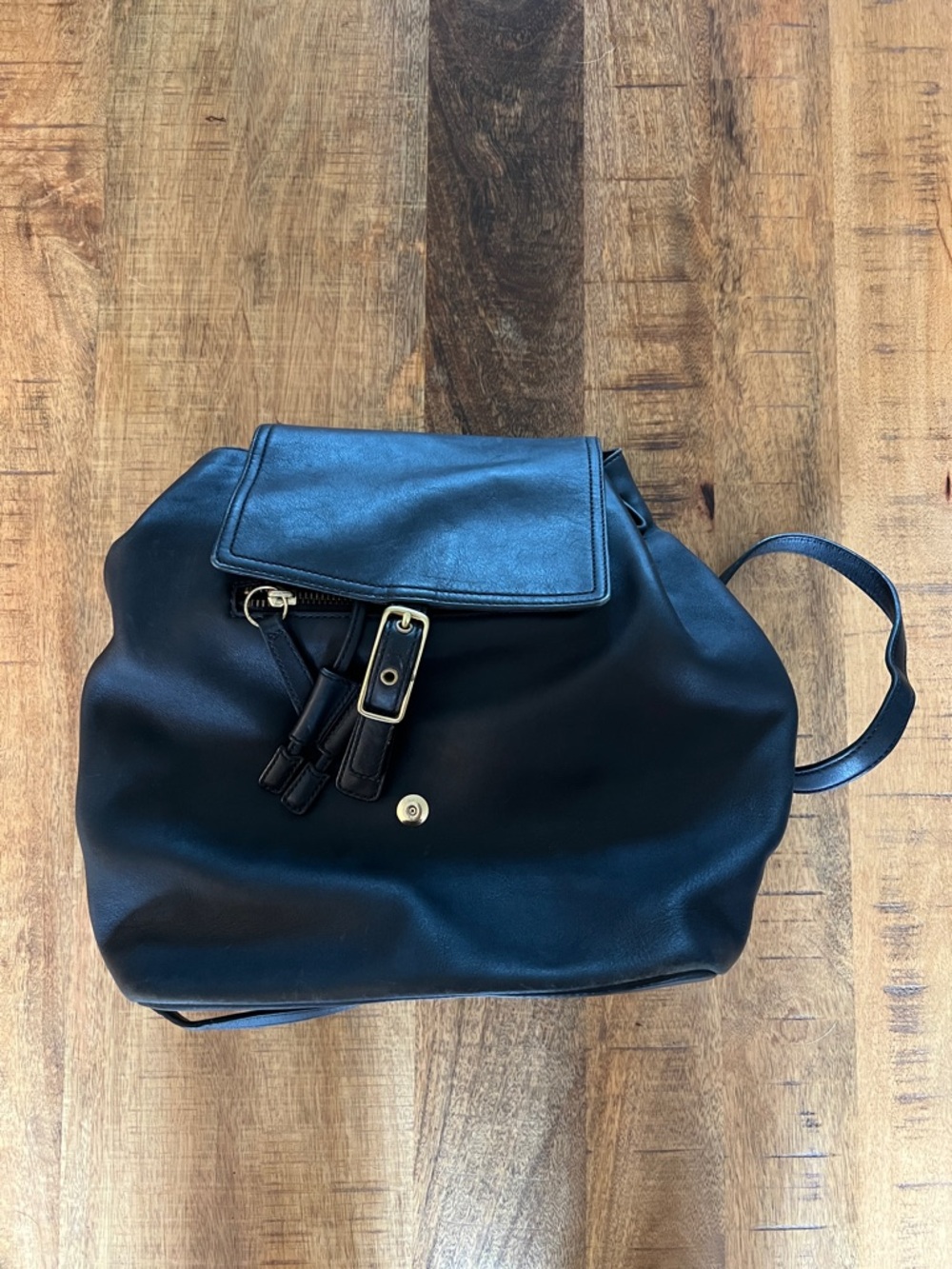 Coach Black Leather Drawstring Backpack with Flap and Gold Hardware